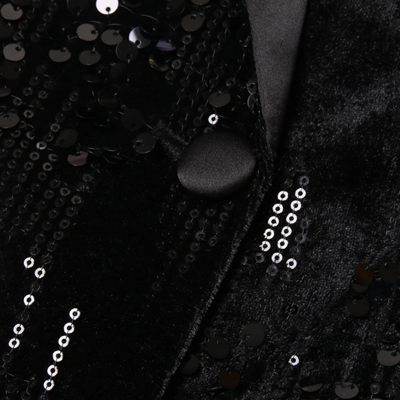 LUXURY SEQUIN SATIN VELVET FEATHER BUTTON CUFF BLAZER - Picture 6 of 9